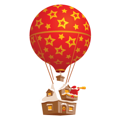 Santa flying in a red and gold hot air balloon with a gingerbread-style house basket covered in snow, representing Citrus Town Center’s Santa’s Arrival holiday event.