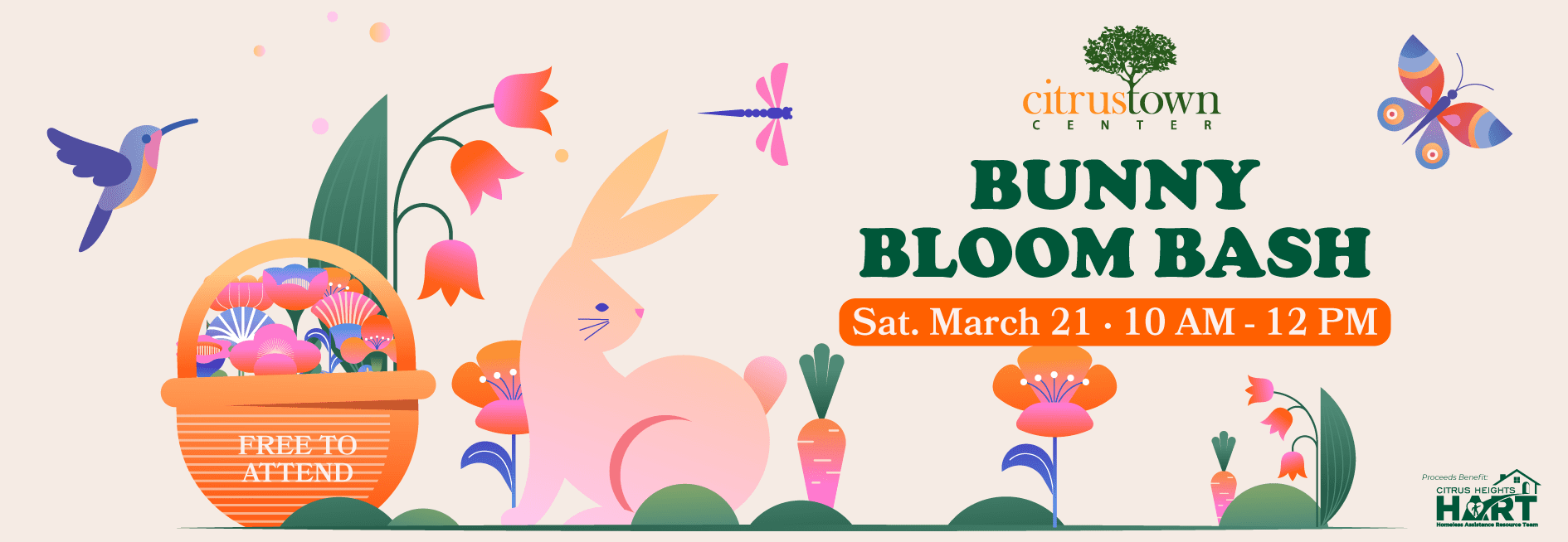 Bunny Bloom Bash Easter event at Citrus Town Center in Citrus Heights on March 21 from 10 AM to 12 PM featuring free family activities and Easter Bunny photos