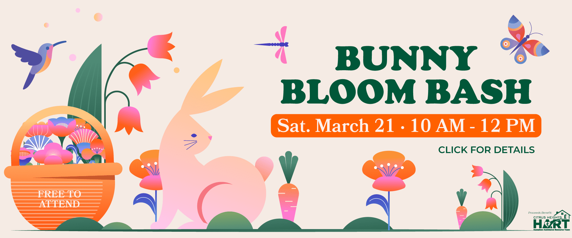 easter-event-citrus-heights-bunny-bloom-bash-slider-2026 Spring Easter event banner for Bunny Bloom Bash at Citrus Town Center in Citrus Heights featuring free family activities and donations benefiting Citrus Heights HART