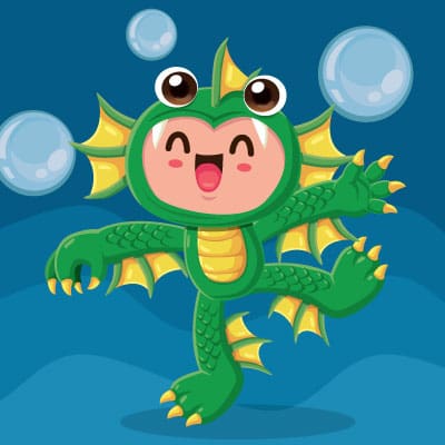 Cheerful green dragon character surrounded by bubbles for Bubbleween