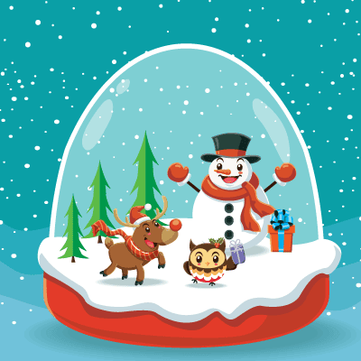 Snow globe featuring a cheerful snowman, festive reindeer, owl, evergreen trees, and wrapped gifts in falling snow.