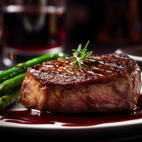 Citrus Town Center - Dining Grilled steak with asparagus and sauce on a white plate.