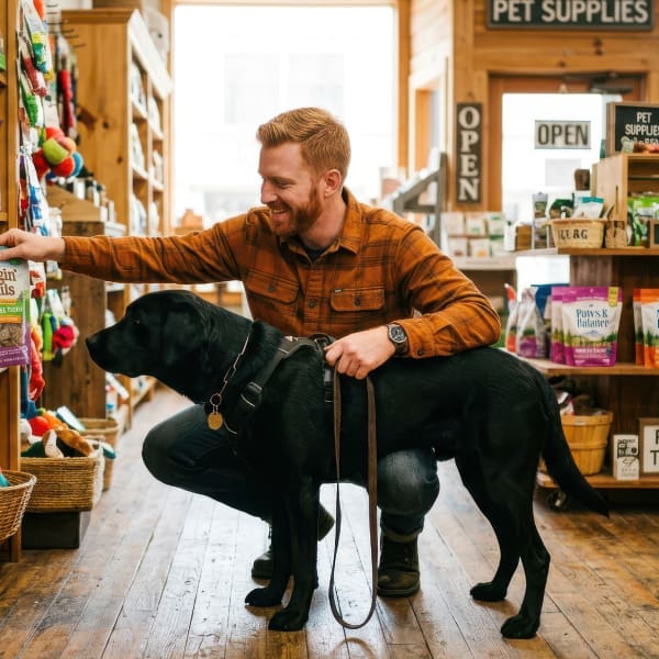 Citrus Town Center - Shops Man browsing pet supplies with his dog in a pet store.